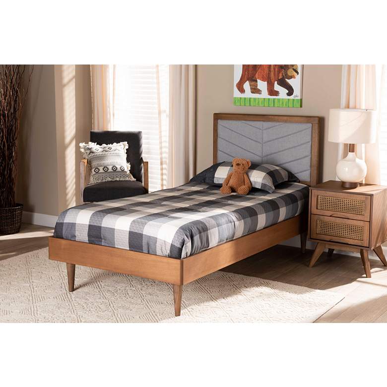 Image 1 Tasha Light Gray Fabric Walnut Brown Twin Size Platform Bed in scene