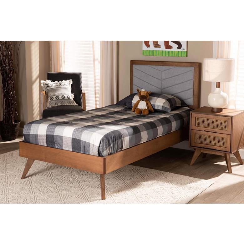 Image 1 Roze Light Gray Fabric Walnut Brown Twin Size Platform Bed in scene