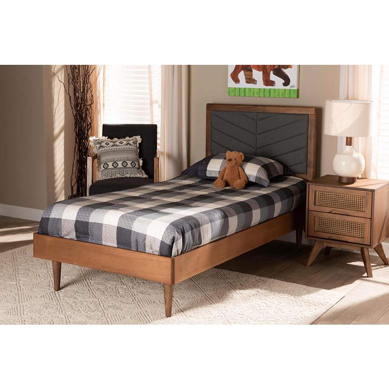 Image 1 Tasha Dark Gray Fabric Walnut Brown Twin Size Platform Bed in scene