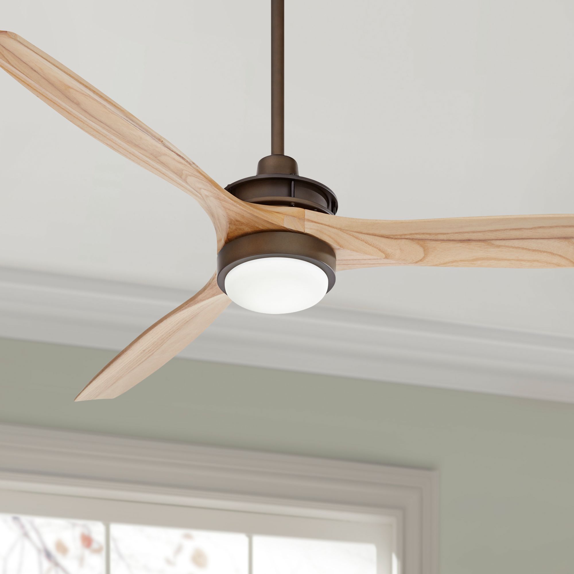 Thumbnail1 of 52" Windspun Matte Bronze and Natural Wood LED Ceiling Fan with Remote in scene