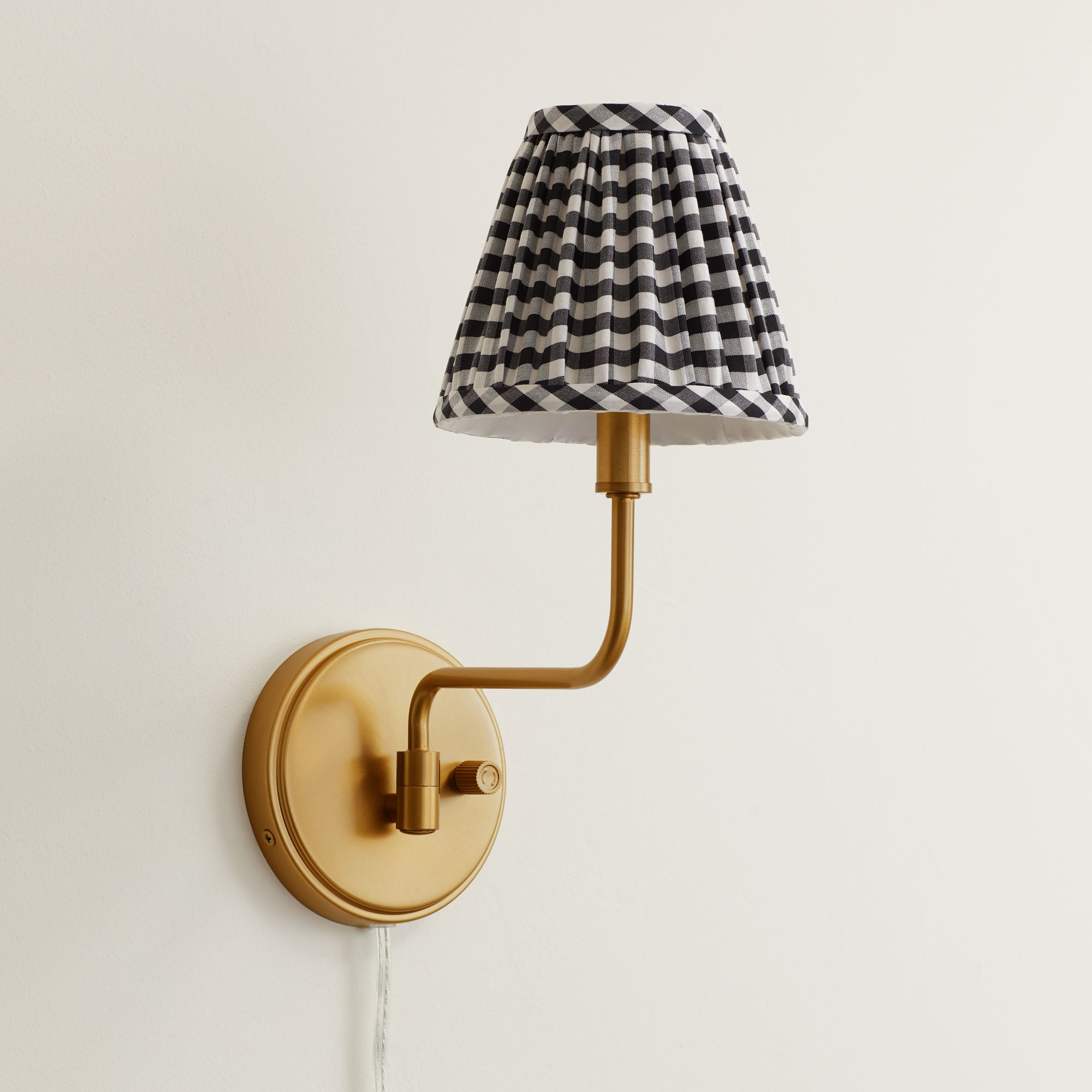 Image 1 Ophelia 9 1/2"H Warm Brass Plug-In Wall Sconce Black Plaid Shade in scene