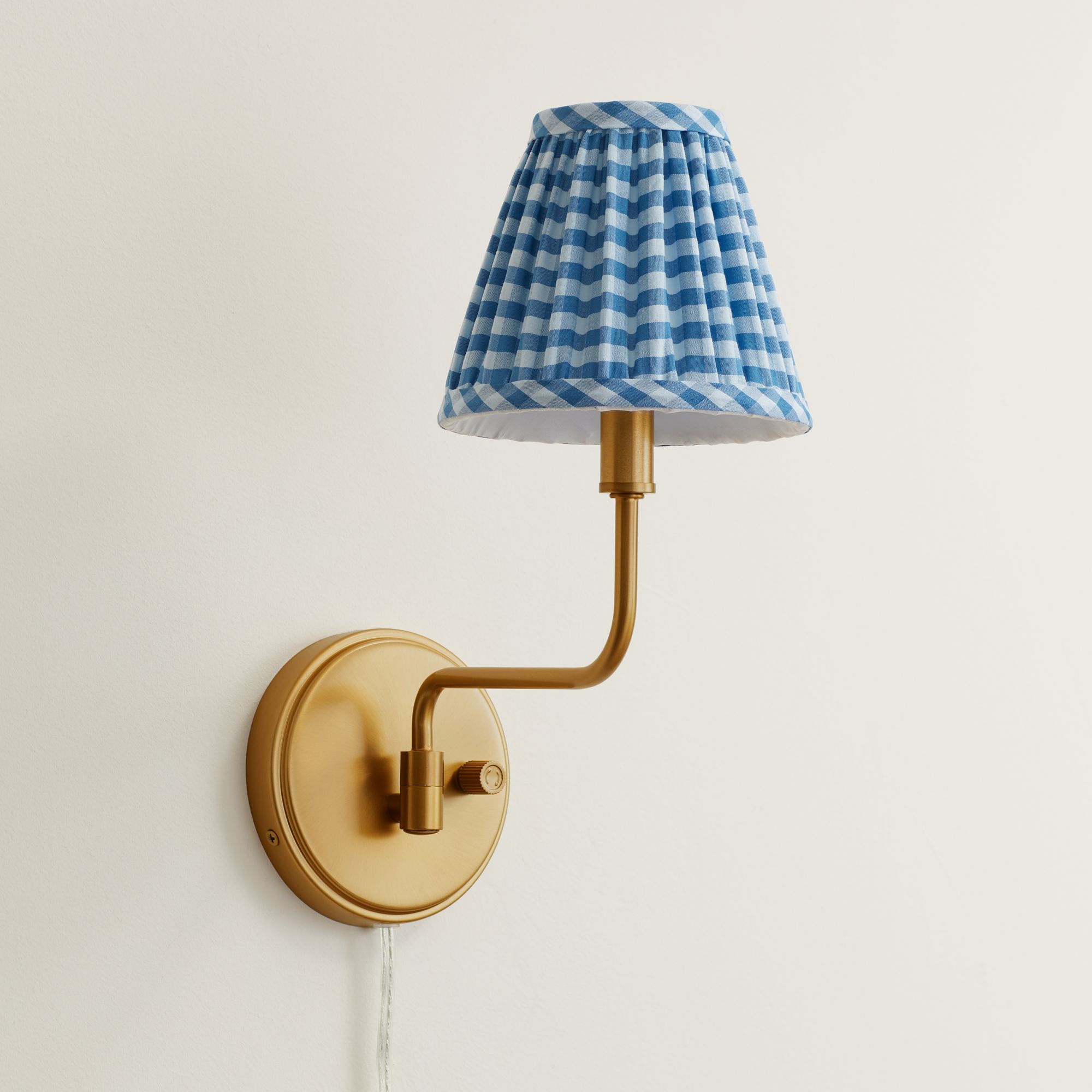 Image 1 Ophelia 9 1/2"H Warm Brass Plug-In Wall Sconce Blue Plaid Shade in scene