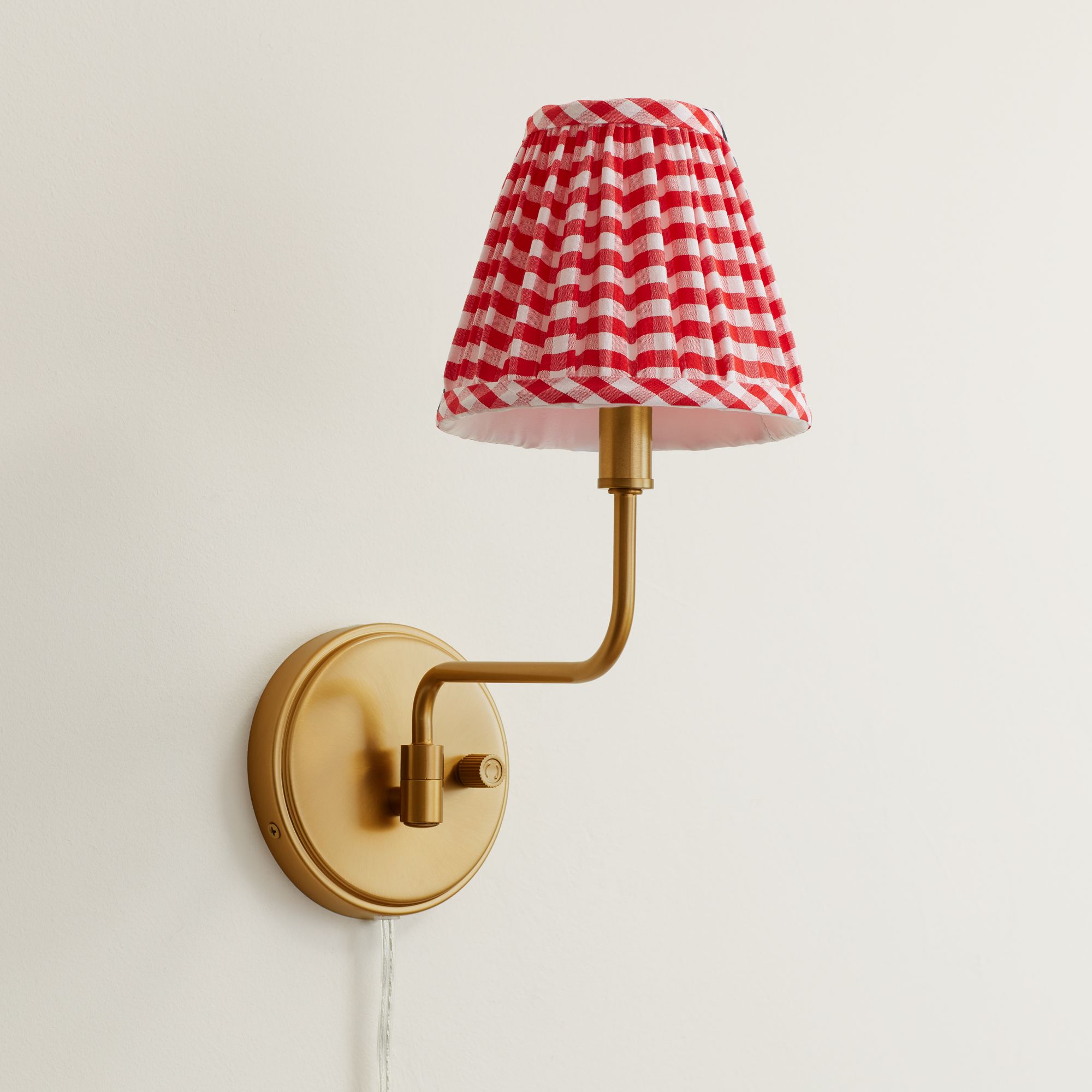 Image 1 Ophelia 9 1/2"H Warm Brass Plug-In Wall Sconce Red Plaid Scallop Shade in scene