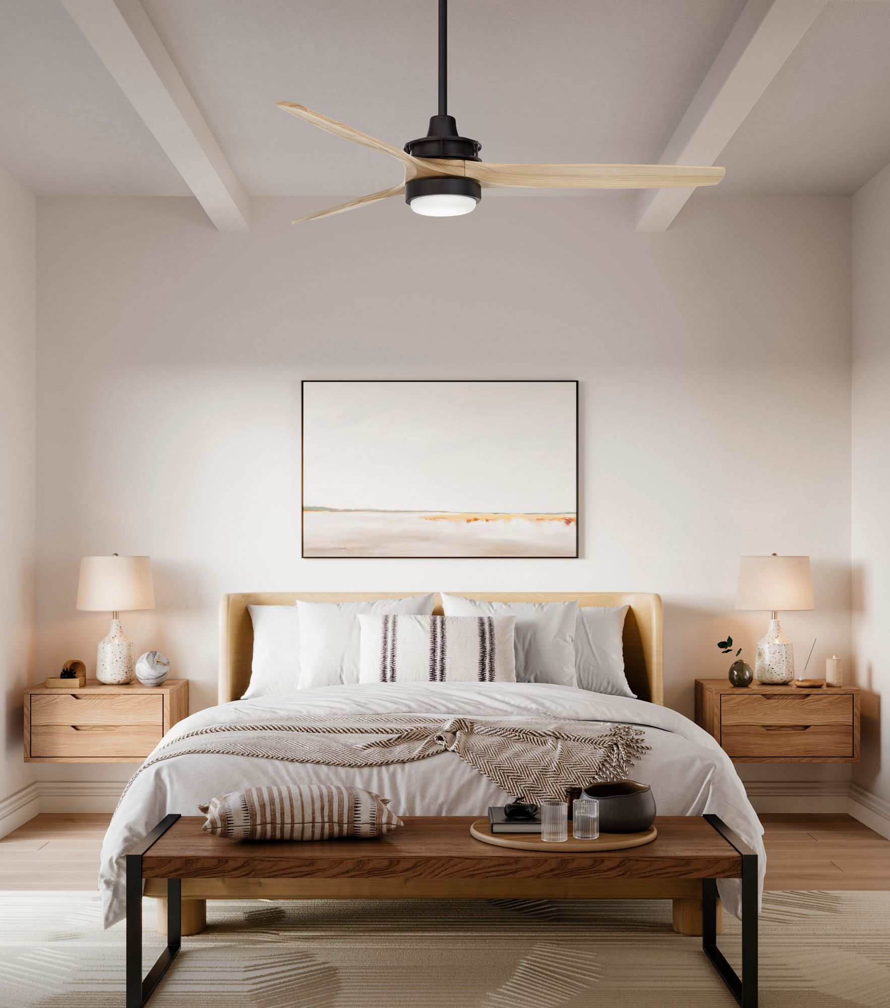 Thumbnail1 of 52" Windspun Matte Black and Natural Wood LED Ceiling Fan with Remote in scene