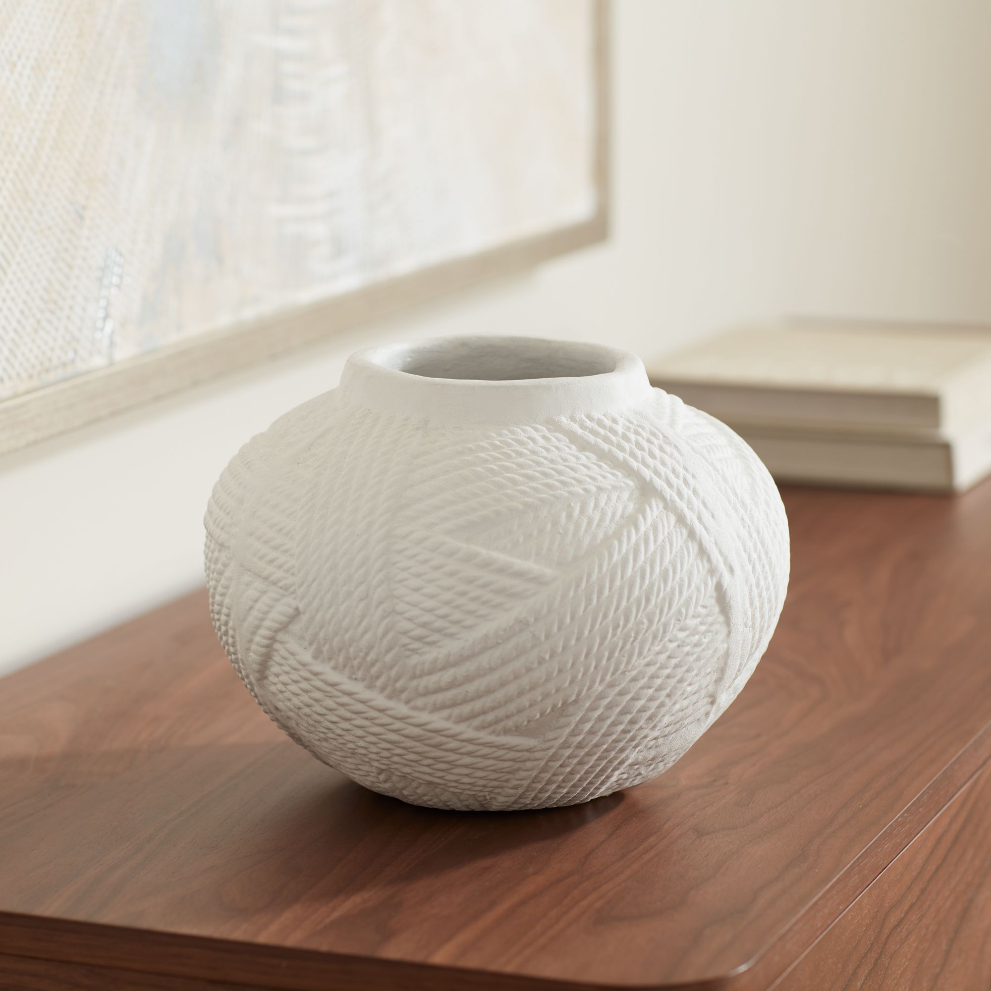 Image 1 Possini Euro Willa 9 1/2" Wide White Rope Texture Papier-Mache Pot in scene