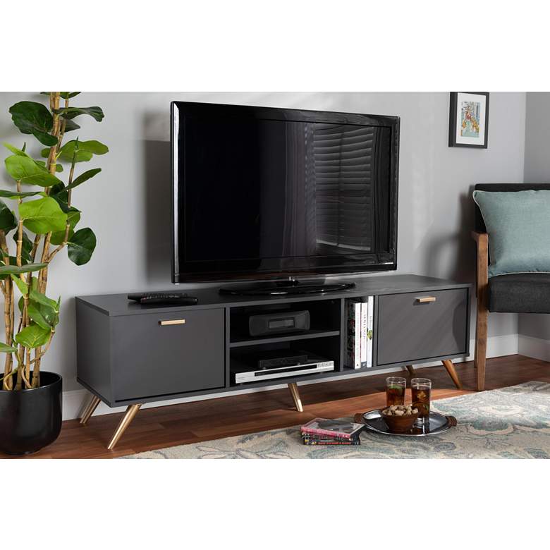 Image 1 Baxton Studio Kelson 63 inch Wide Dark Gray 2-Door TV Stand in scene