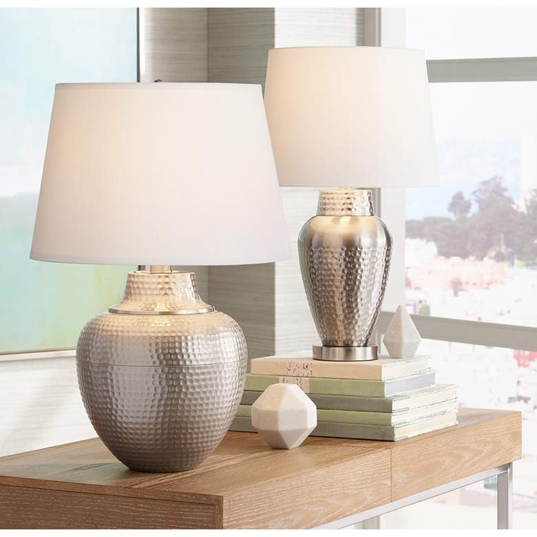 Image 1 Barnes and Ivy Brighton 27 Brushed Nickel Hammered Pot Table Lamp in scene