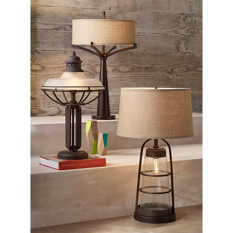 Image 1 Franklin Iron Works 26 1/2 inch Glass And Metal Industrial Table Lamp in scene