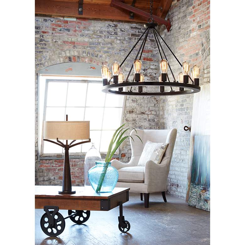 Image 1 Franklin Iron Lacey 28" Black 12-Light LED Ring Wagon Wheel Chandelier in scene