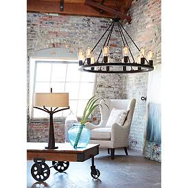Image1 of Franklin Iron Lacey 28" Black 12-Light LED Ring Wagon Wheel Chandelier in scene