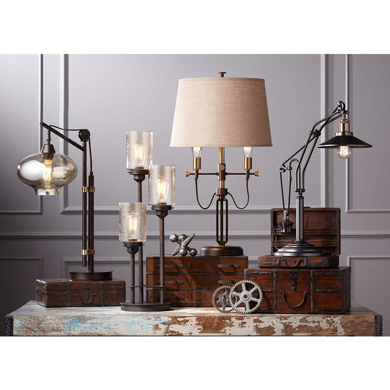 Image 1 Franklin Iron Works Libby 3-Light Industrial Console Lamp with Edison Bulbs in scene