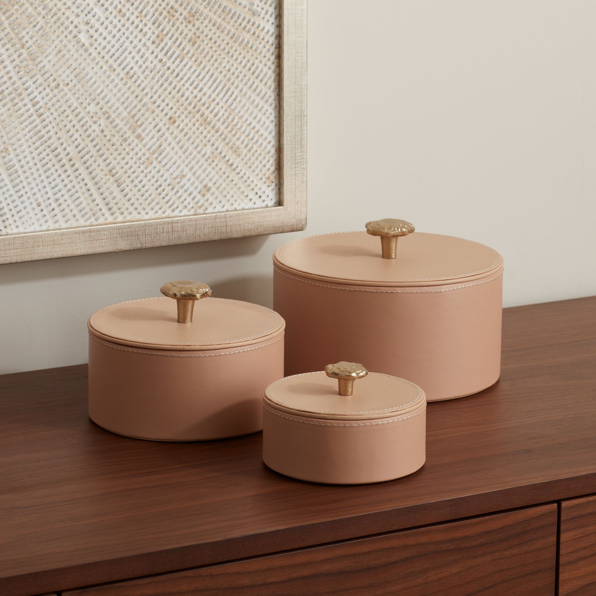 Image 1 Possini Euro Melba Set of 3 Peachy Beige Faux Leather Boxes with Lids in scene
