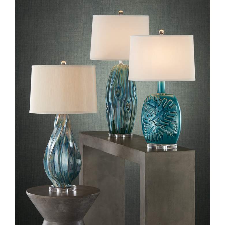 Image 1 Possini Euro Teresa 31 inch Coastal Teal Blue Drip Ceramic Table Lamp in scene