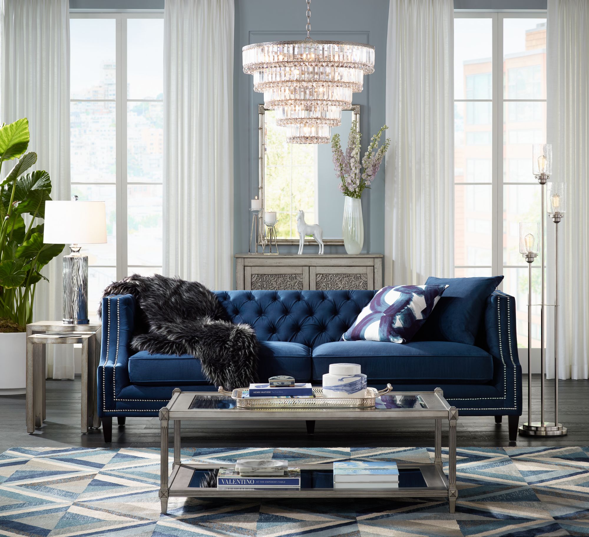 55 Downing Street Marilyn 93" Wide Blue Velvet Tufted Upholstered Sofa in scene