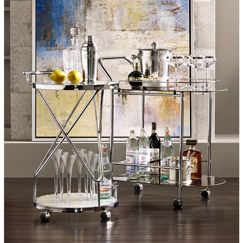 Image 1 Page 29 1/2" High Glass and Chrome Rolling Serving Bar Cart in scene