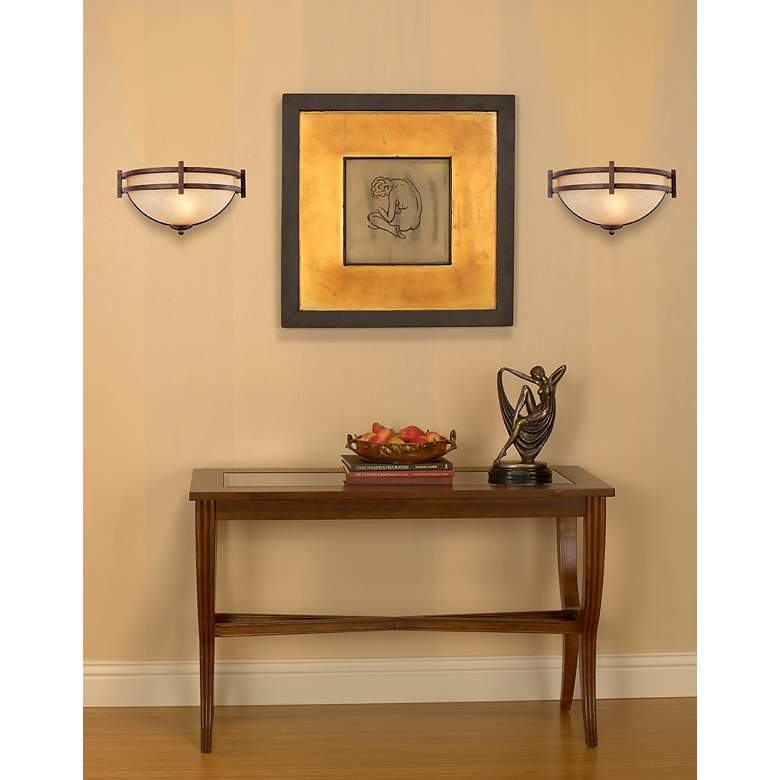 Image 1 Franklin Iron Oak Valley 14 1/2" Wide Scavo Glass Pocket Wall Sconce in scene