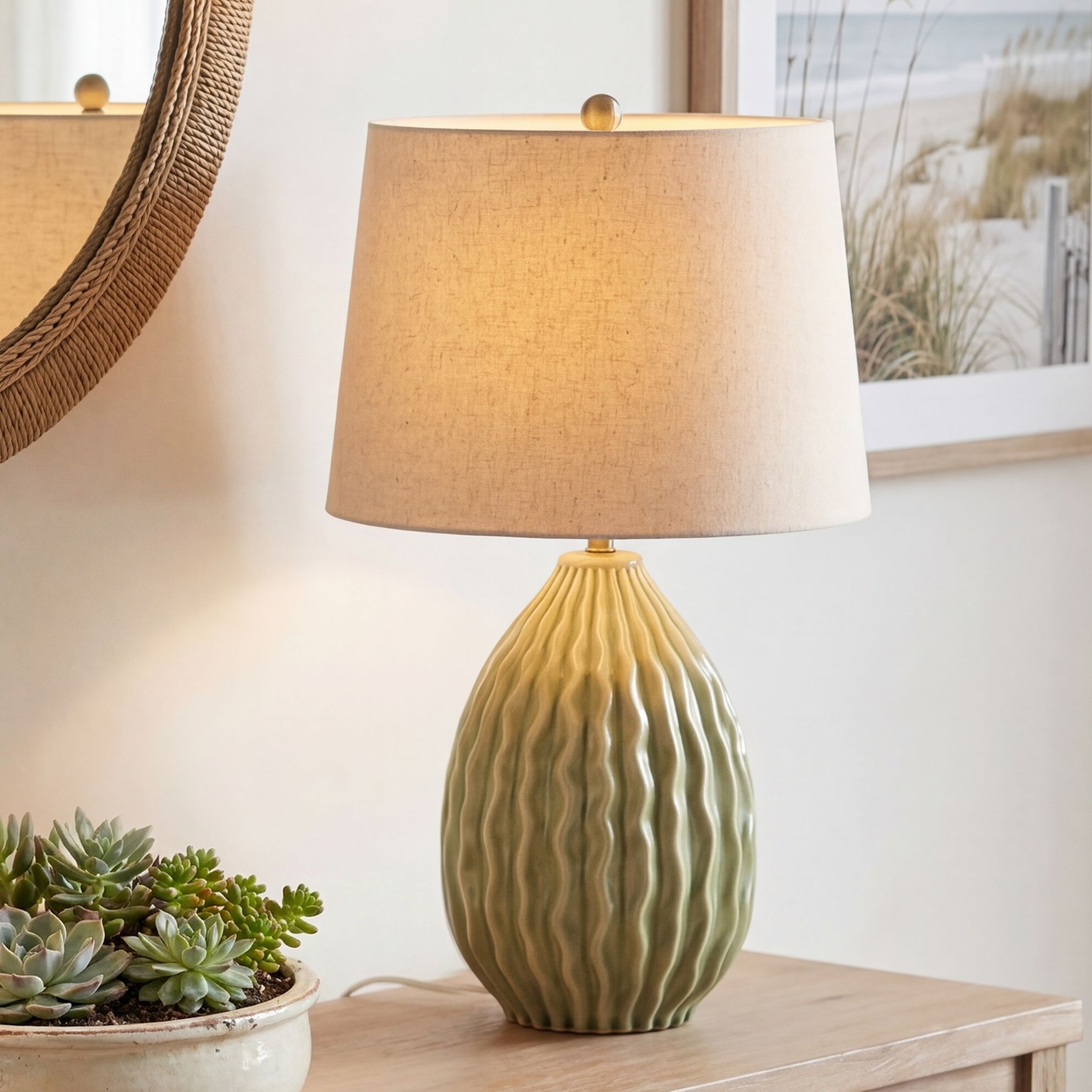 Image 1 Eugene 20 1/4" High Wavy Green Ceramic Gourd Accent Table Lamp in scene