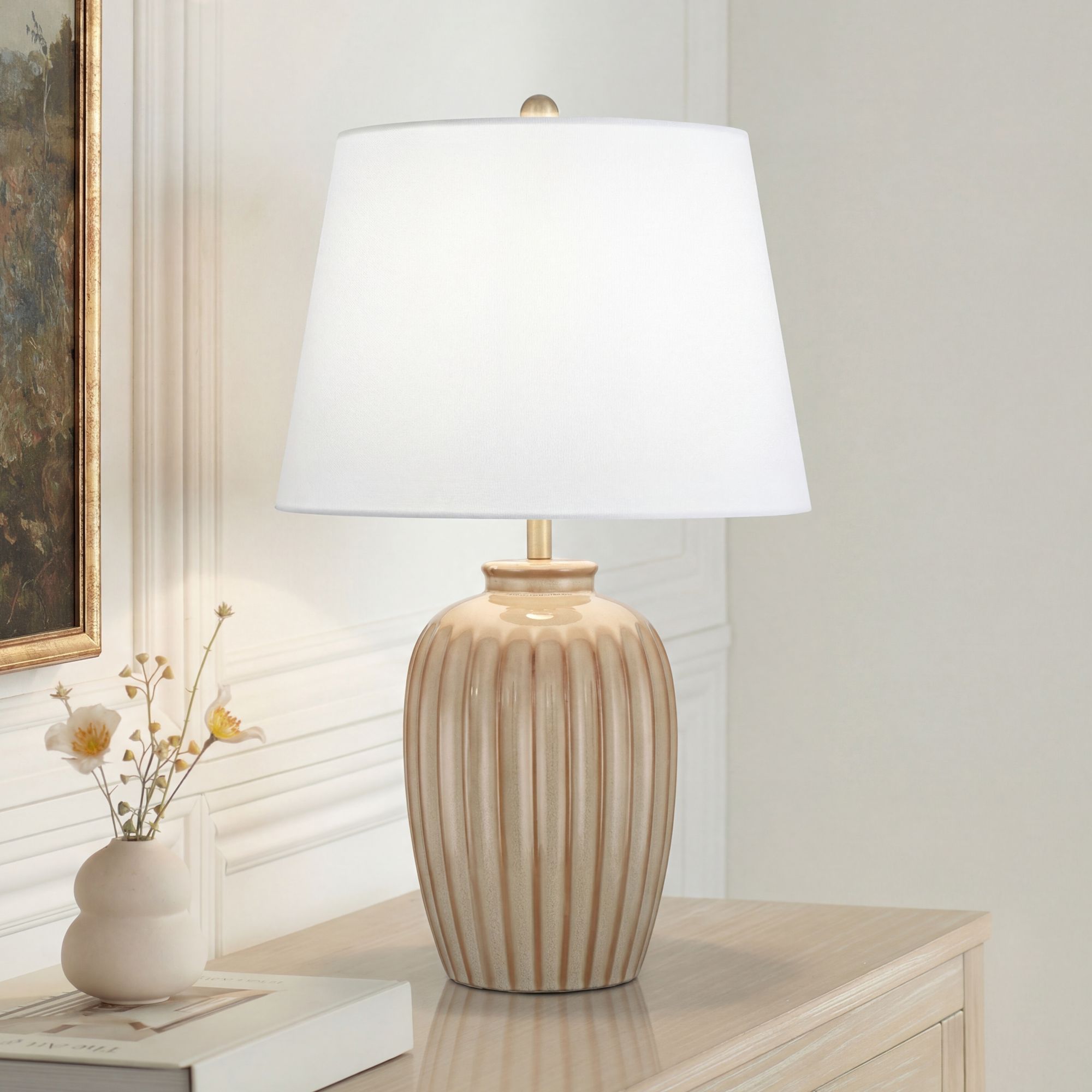 Image 1 Bertha 21" High Multi-Tone Beige Glaze Ribbed Ceramic Table Lamp in scene