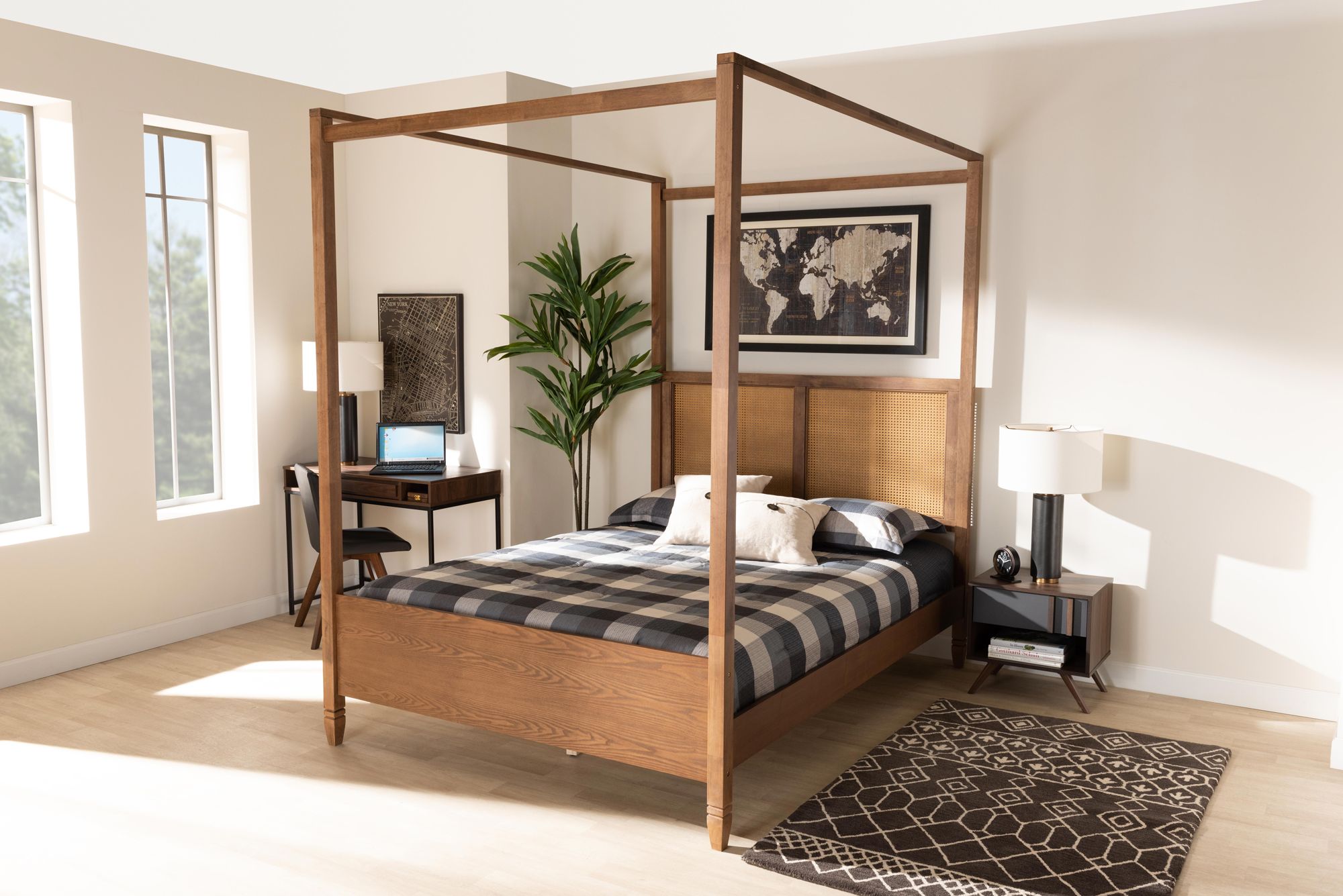 Thumbnail1 of Baxton Studio Malia Walnut Brown Wood King Size Canopy Bed in scene