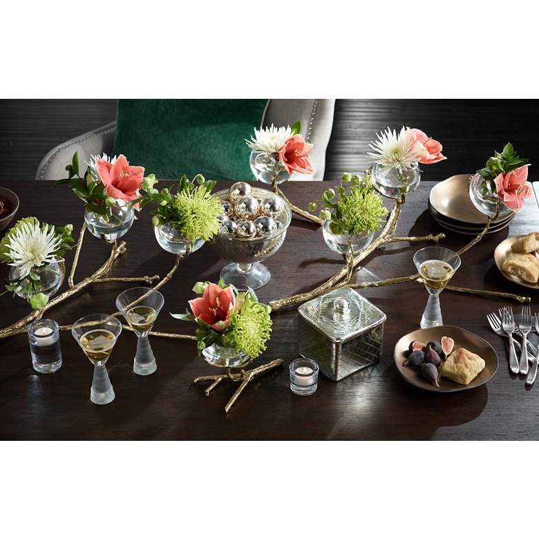 Image 1 Twig 24 inch Wide Cast Brass Holder with 3-Clear Glass Bud Vases in scene