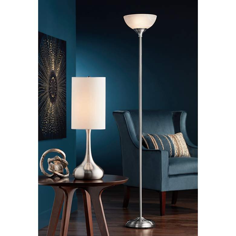 Brushed Nickel Droplet Table Lamp with Cylinder Shade in scene