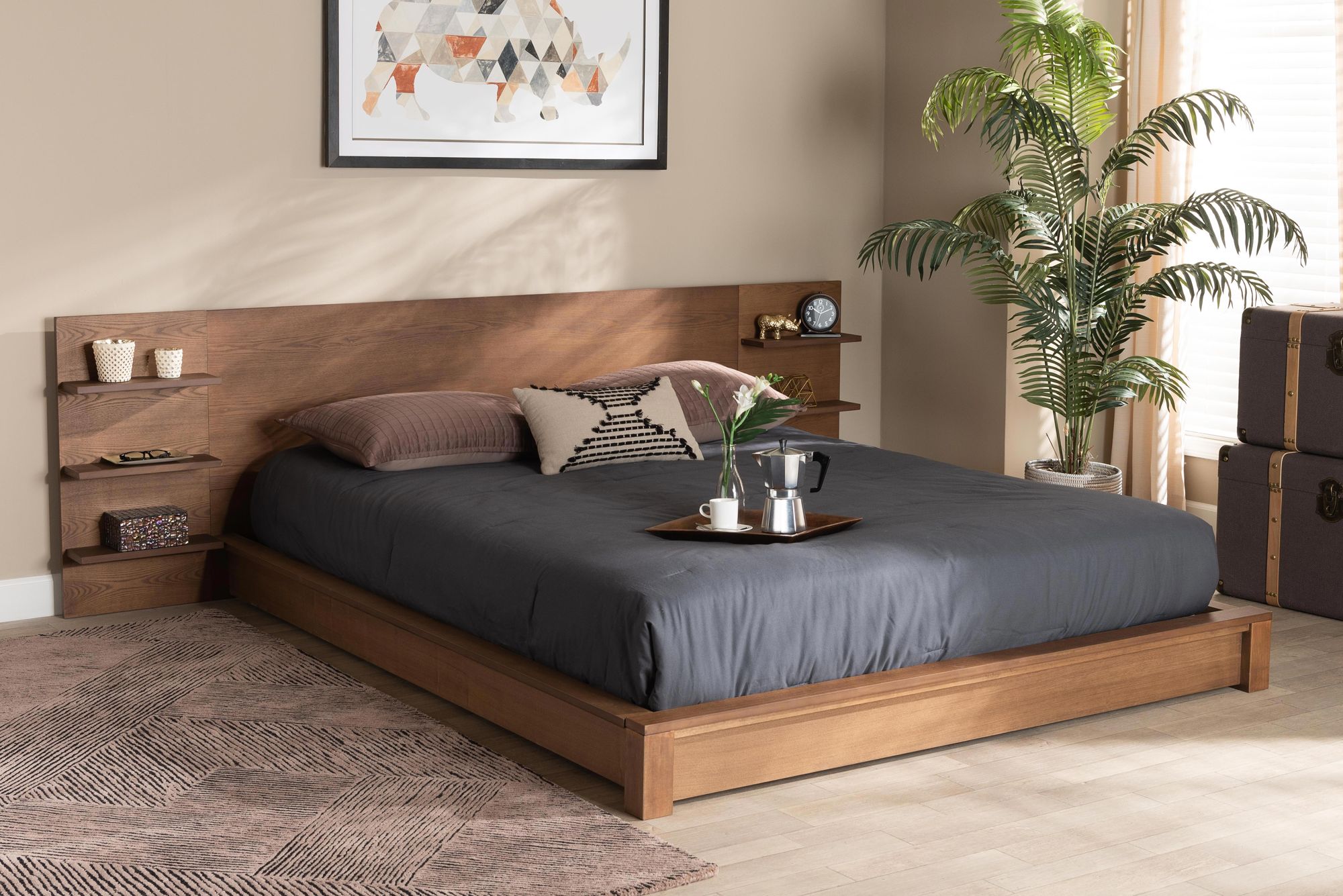 Thumbnail1 of Elina Walnut Brown King Platform Storage Bed with Shelves in scene