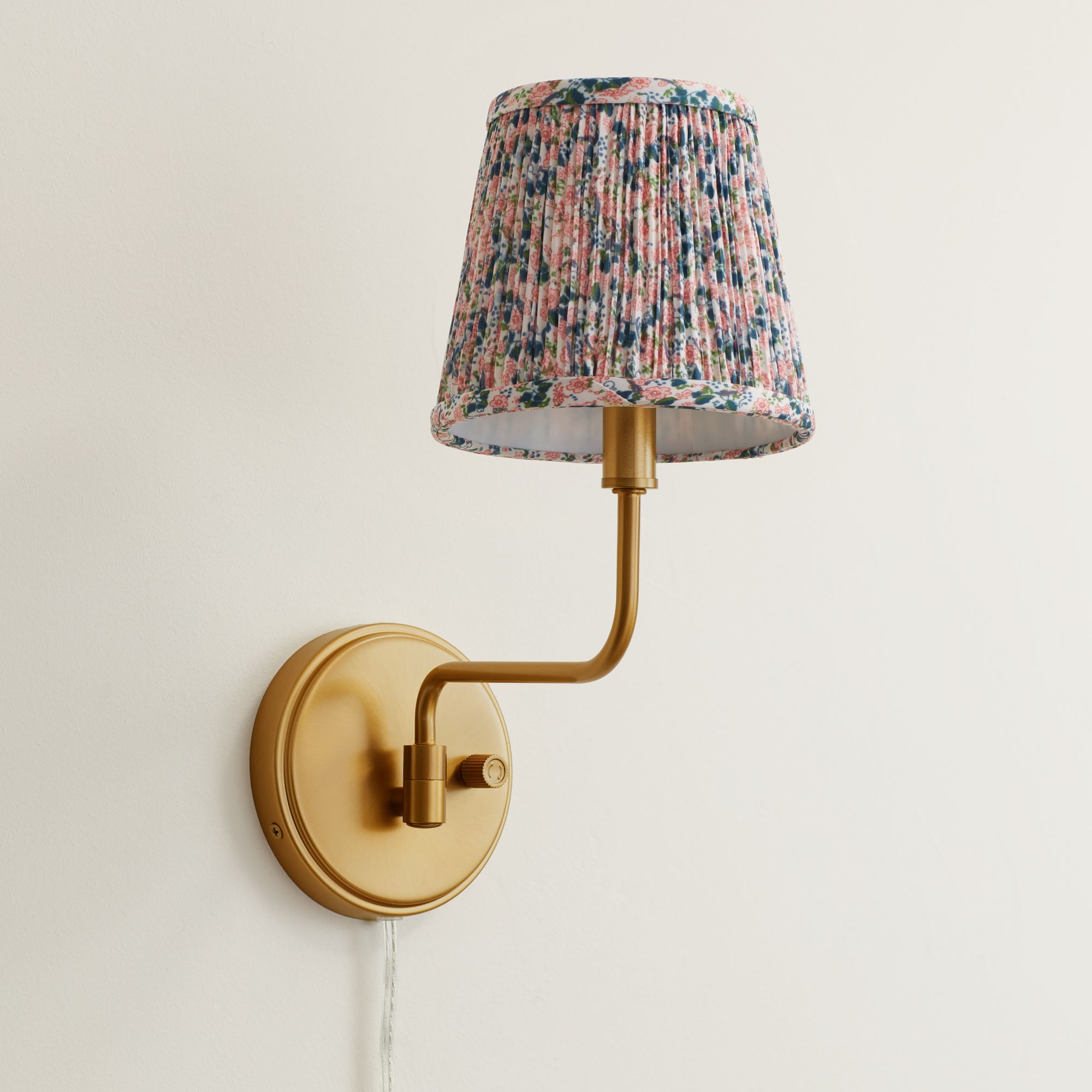 Image 1 Ophelia 9 1/2"H Warm Brass Plug-In Wall Sconce Blue Pink Floral Shade in scene
