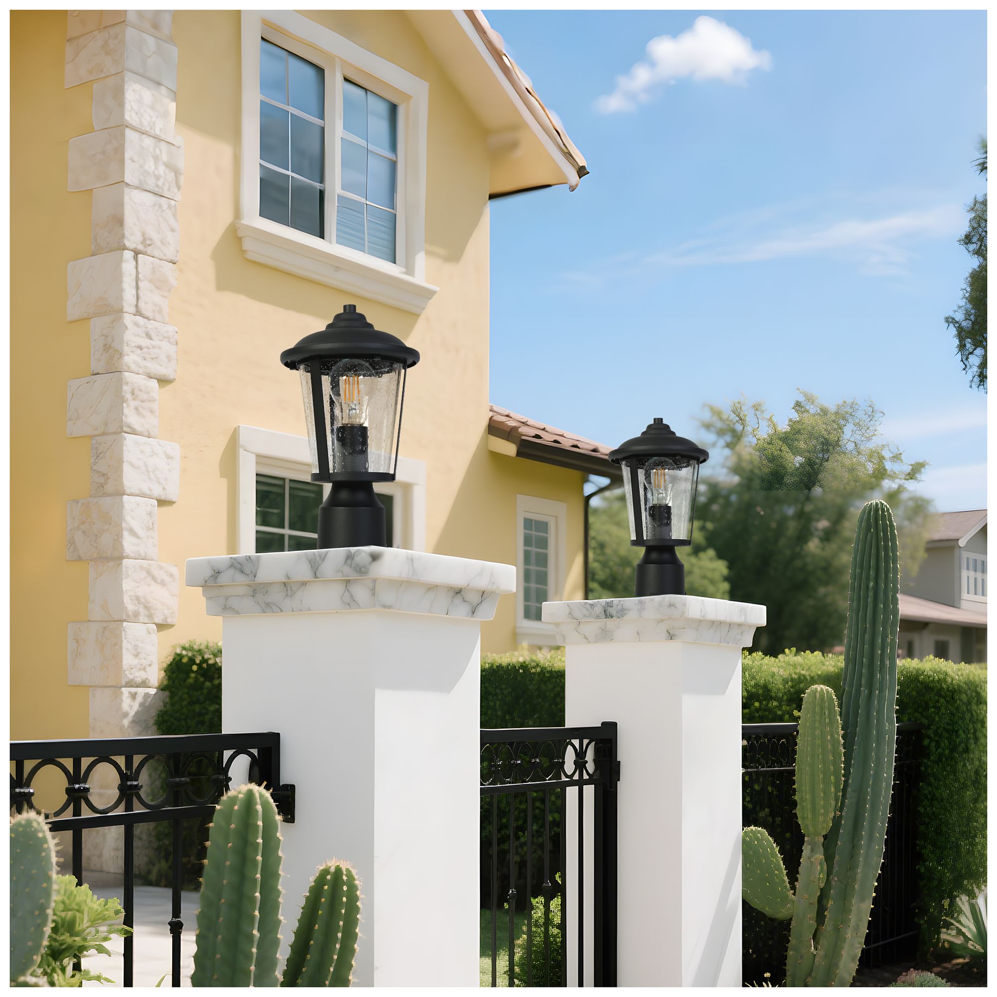 1-Light 11.8"H Pyramid top Black Post Lamp