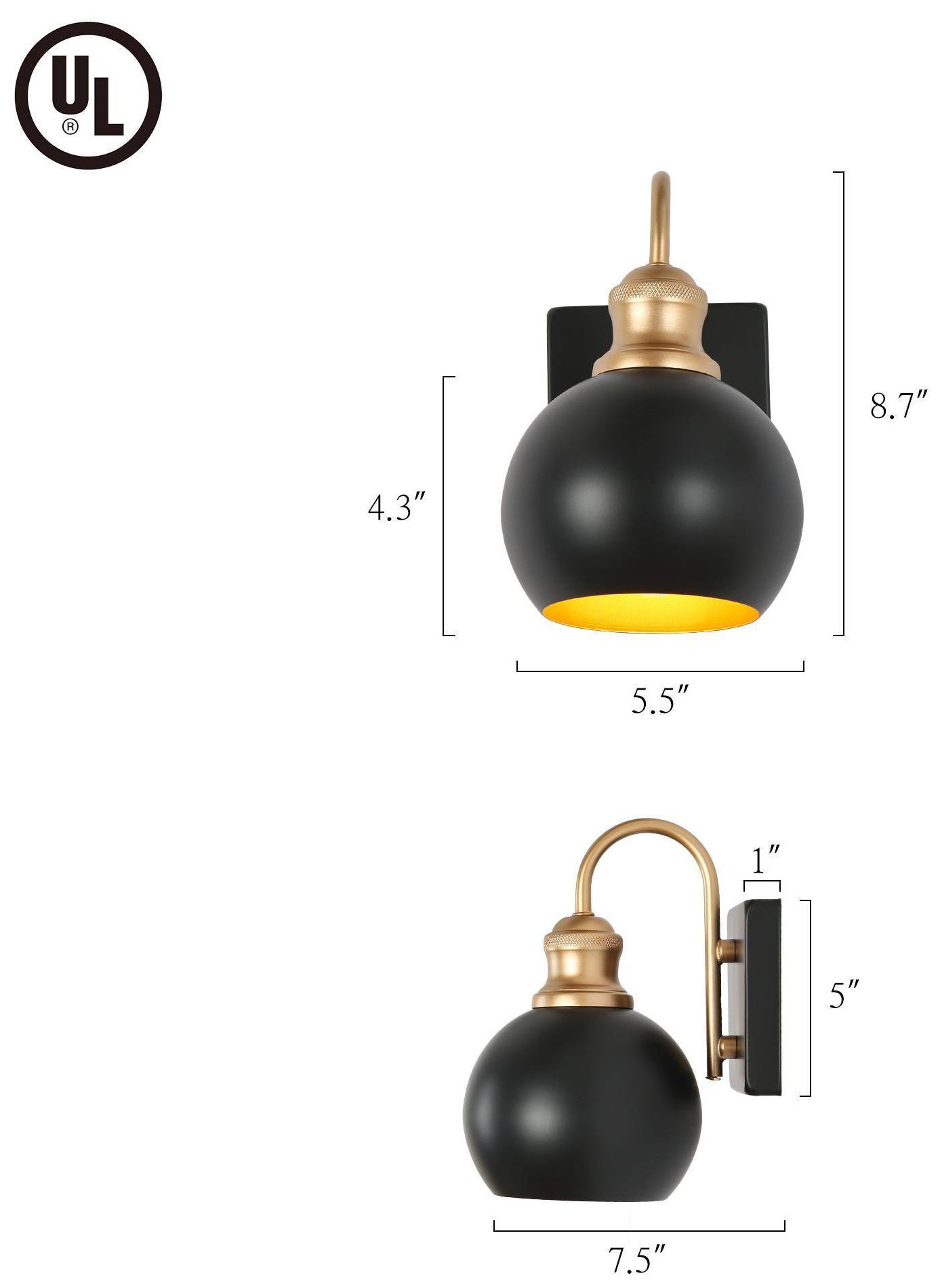 Image 6 1-Light 8.7"H Dome Flat Black and Dark Gold  Wall Lamp more views