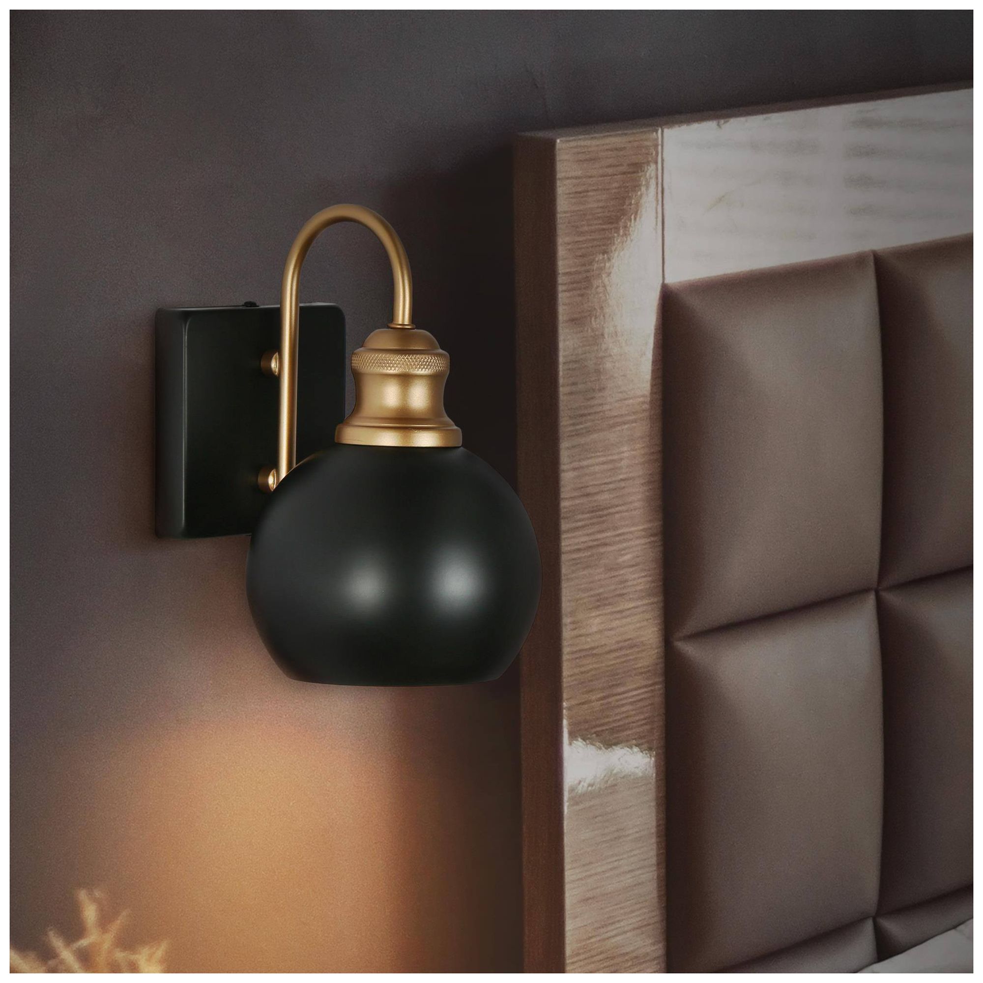 1-Light 8.7"H Dome Flat Black and Dark Gold  Wall Lamp