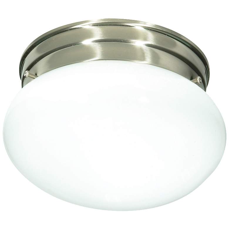 Image 1 1 Light - 8" - Flush Mount - Small White Mushroom - Brushed Nickel Fin