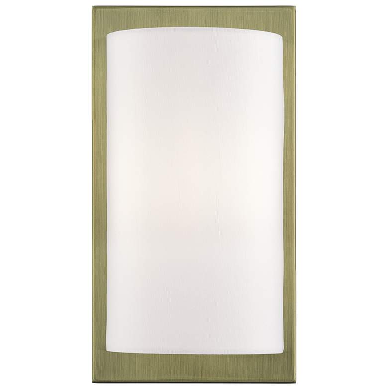 Image 1 1 Light Antique Brass ADA Sconce with Hand Crafted Off-White Fabric Shade