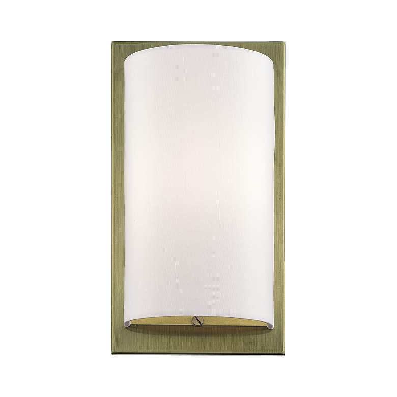 Image 3 1 Light Antique Brass ADA Sconce with Hand Crafted Off-White Fabric Shade more views