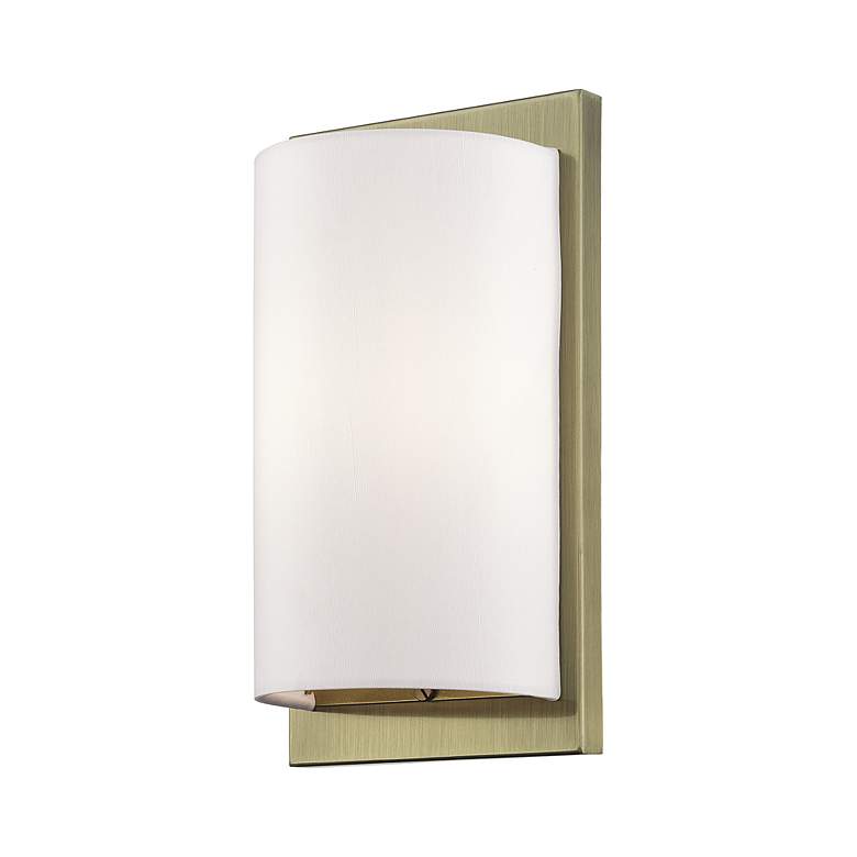 Image 4 1 Light Antique Brass ADA Sconce with Hand Crafted Off-White Fabric Shade more views