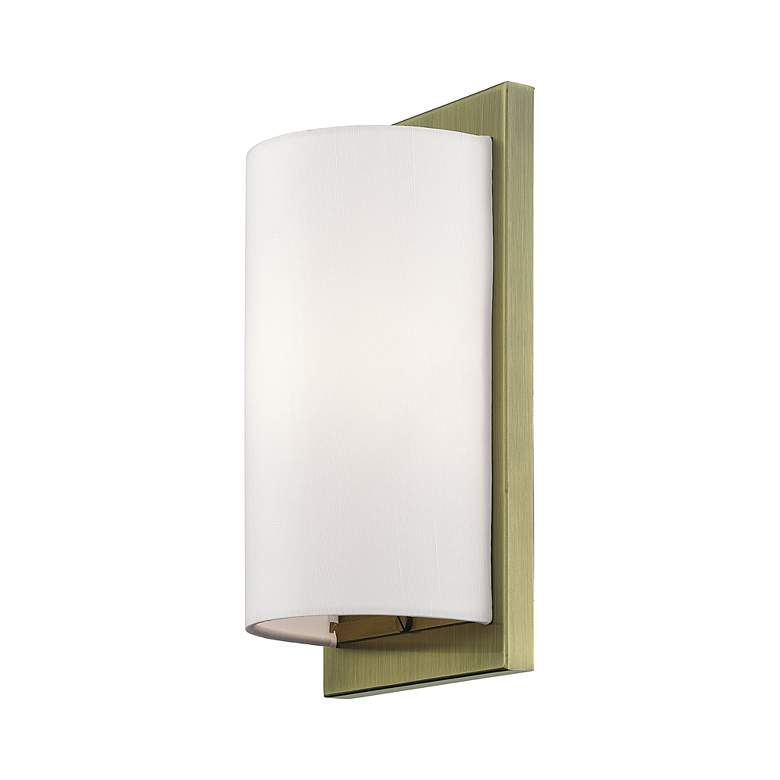 Image 5 1 Light Antique Brass ADA Sconce with Hand Crafted Off-White Fabric Shade more views