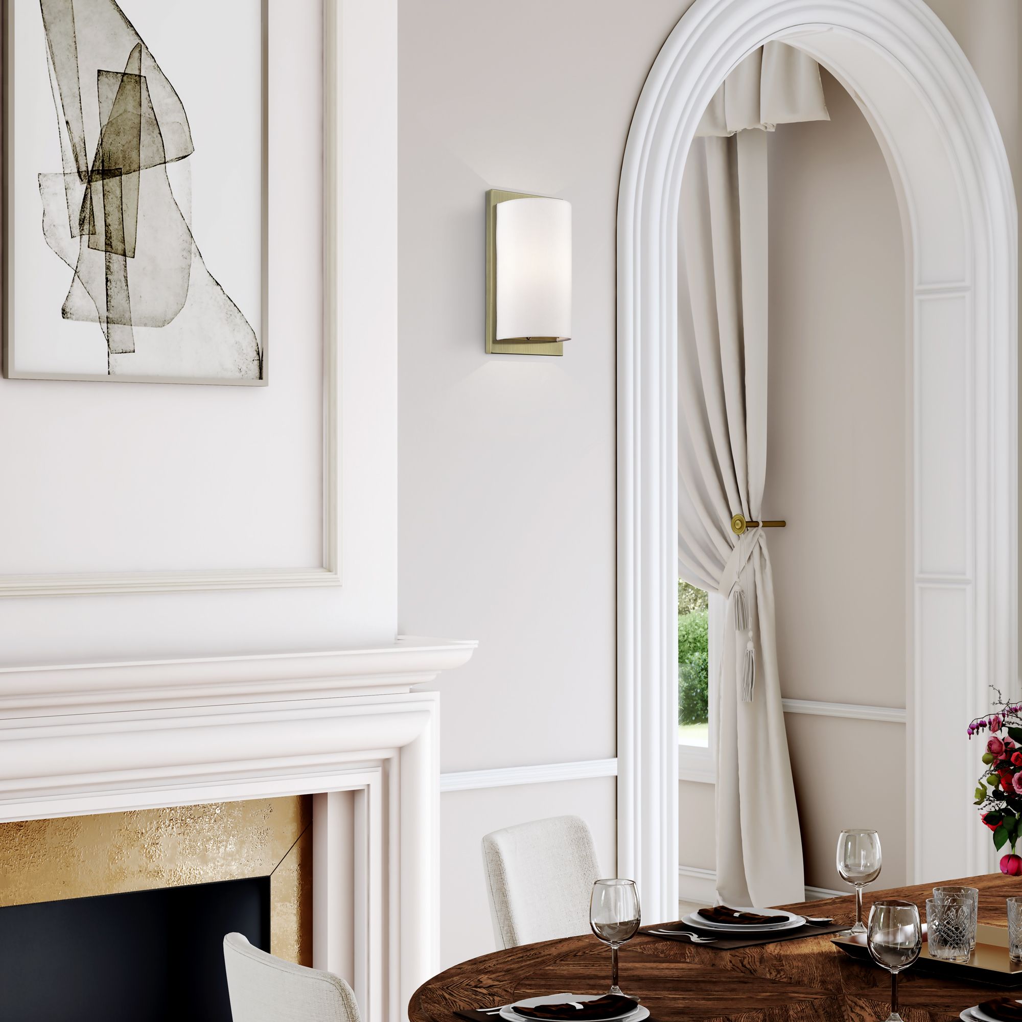 1 Light Antique Brass ADA Sconce with Hand Crafted Off-White Fabric Shade