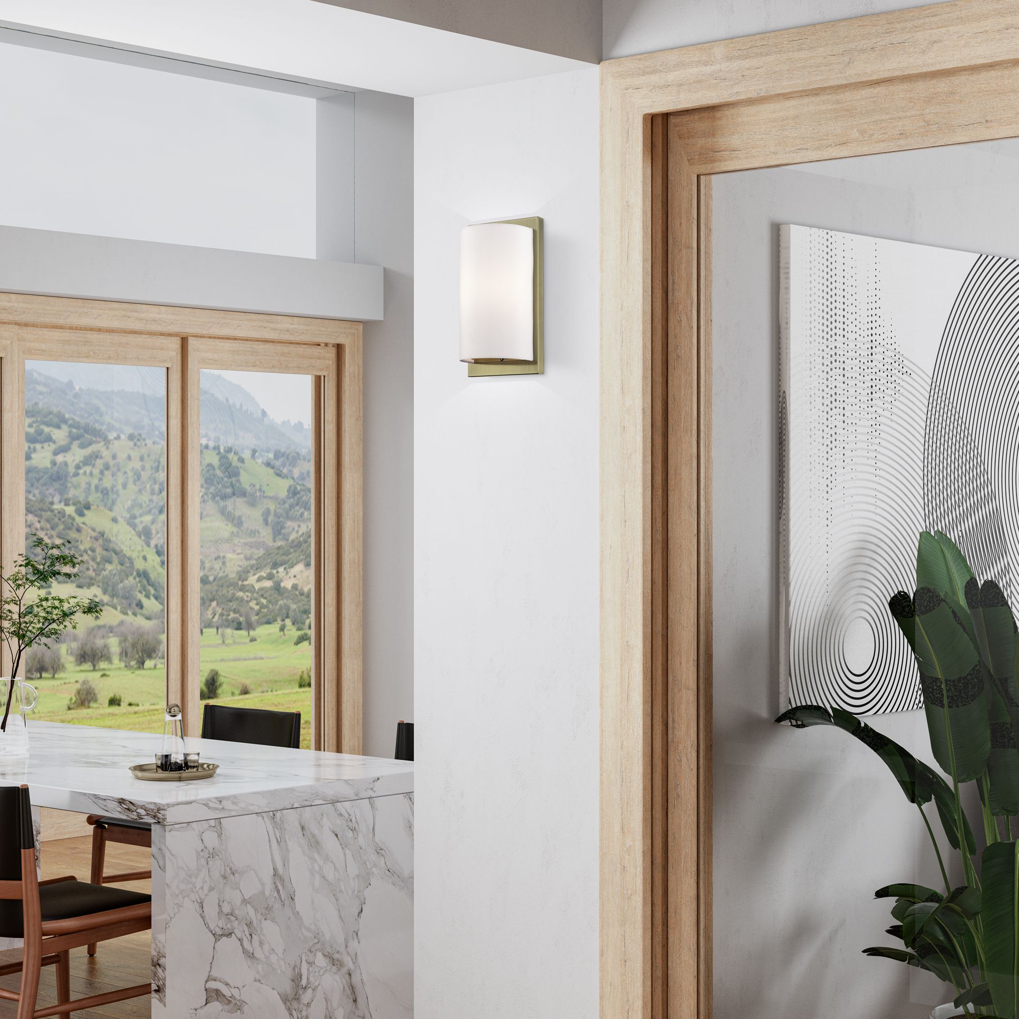 1 Light Antique Brass ADA Sconce with Hand Crafted Off-White Fabric Shade