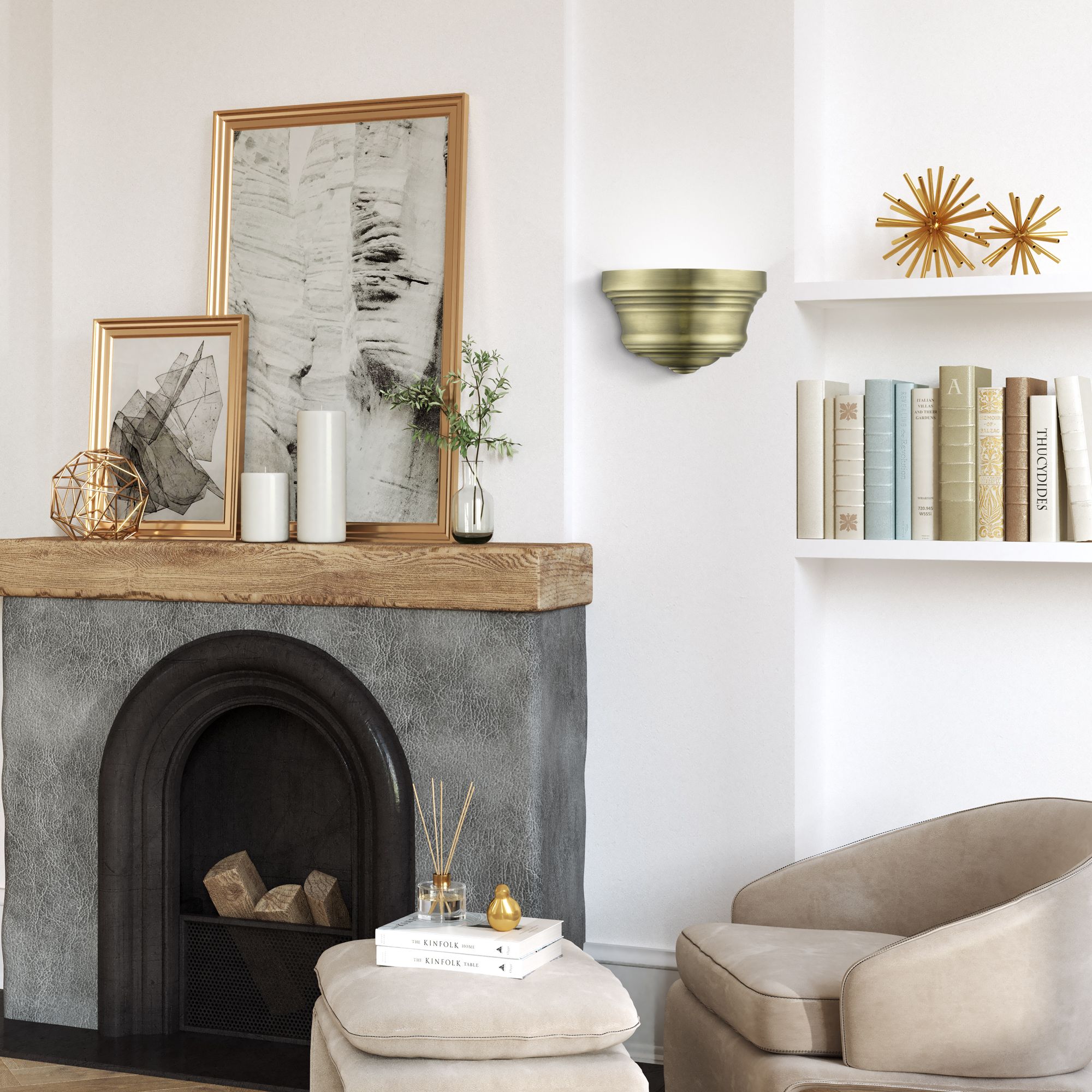 1 Light Antique Brass Bell ADA Sconce with Shiny White Finish Inside