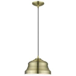 1 Light Antique Brass Bell Pendant with Shiny White Finish Inside