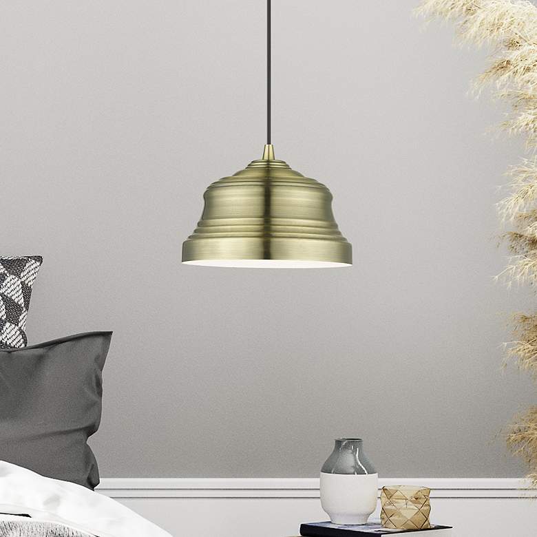 Image 1 1 Light Antique Brass Bell Pendant with Shiny White Finish Inside
