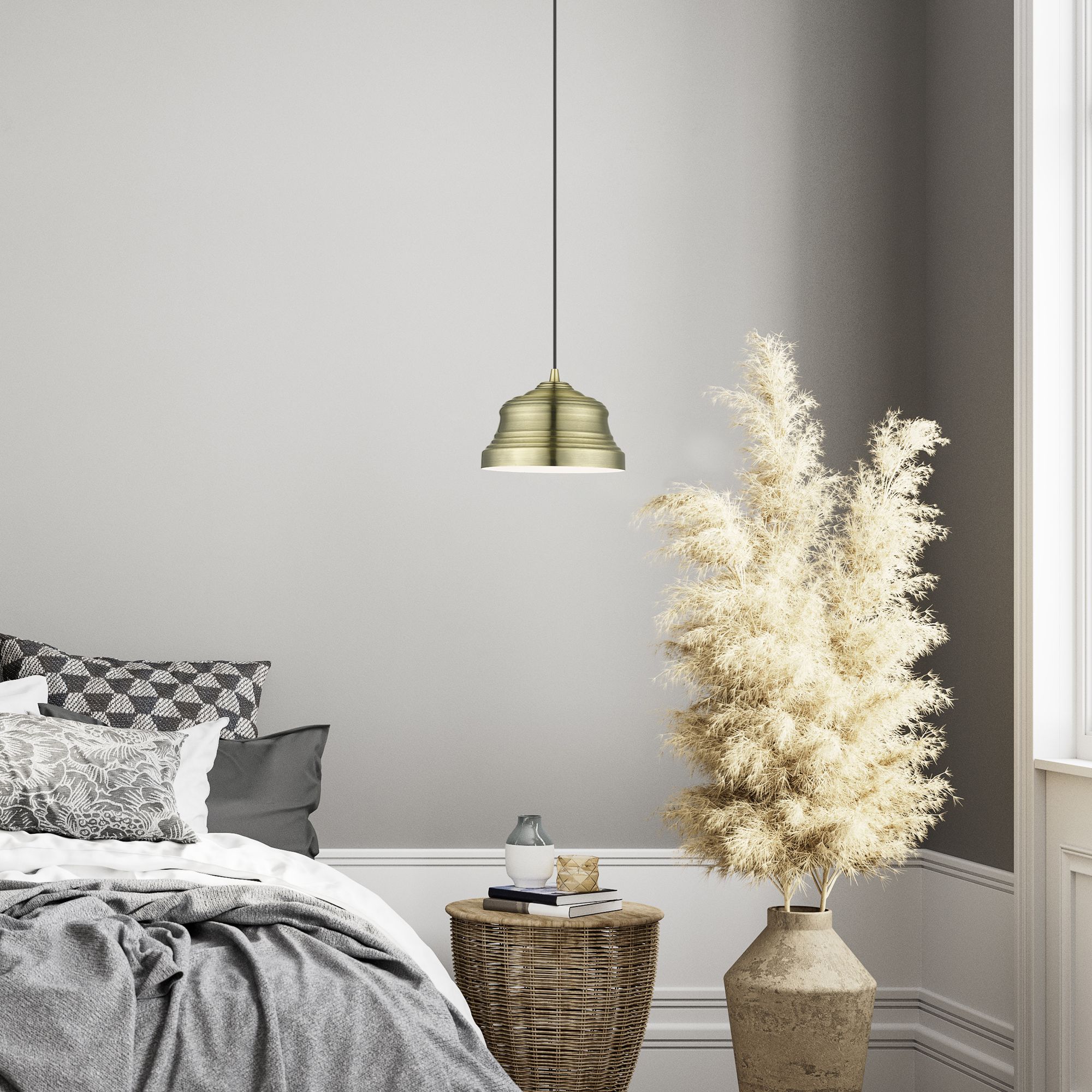 1 Light Antique Brass Bell Pendant with Shiny White Finish Inside