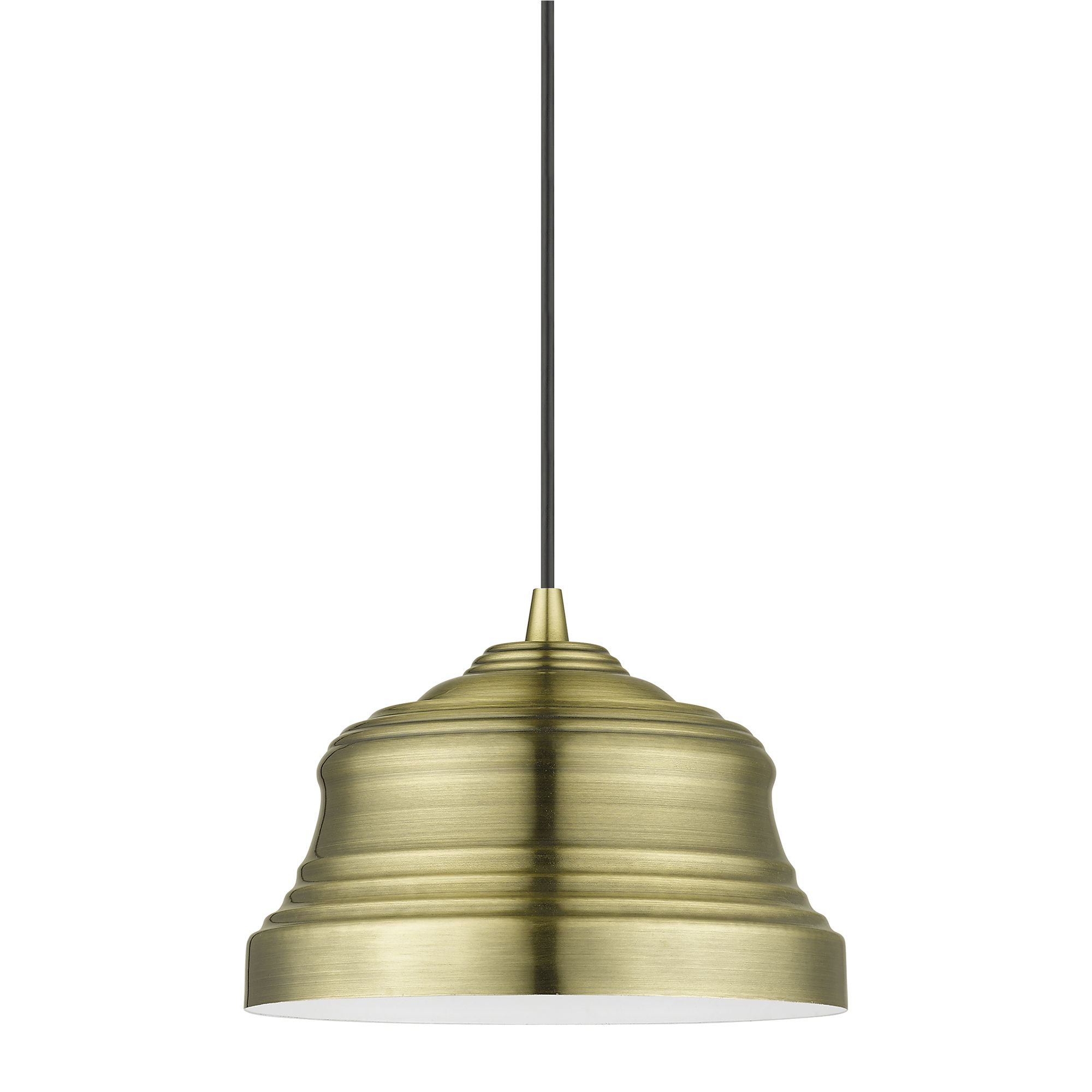 1 Light Antique Brass Bell Pendant with Shiny White Finish Inside