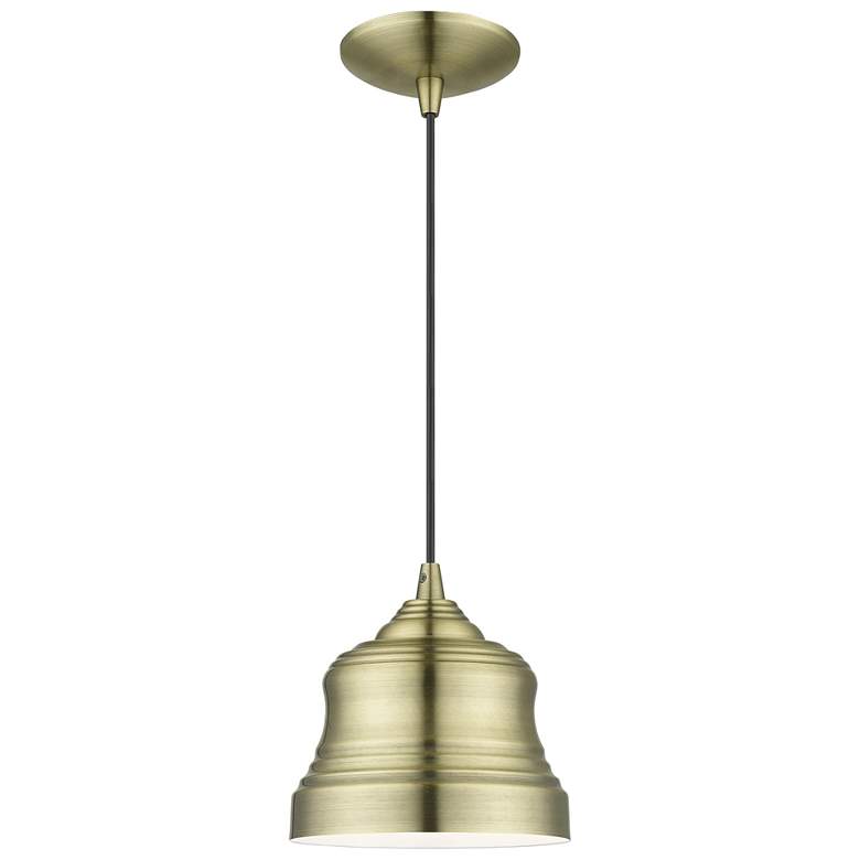 Image 1 1 Light Antique Brass Mini Bell Pendant with Shiny White Finish Inside