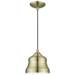 1 Light Antique Brass Mini Bell Pendant with Shiny White Finish Inside