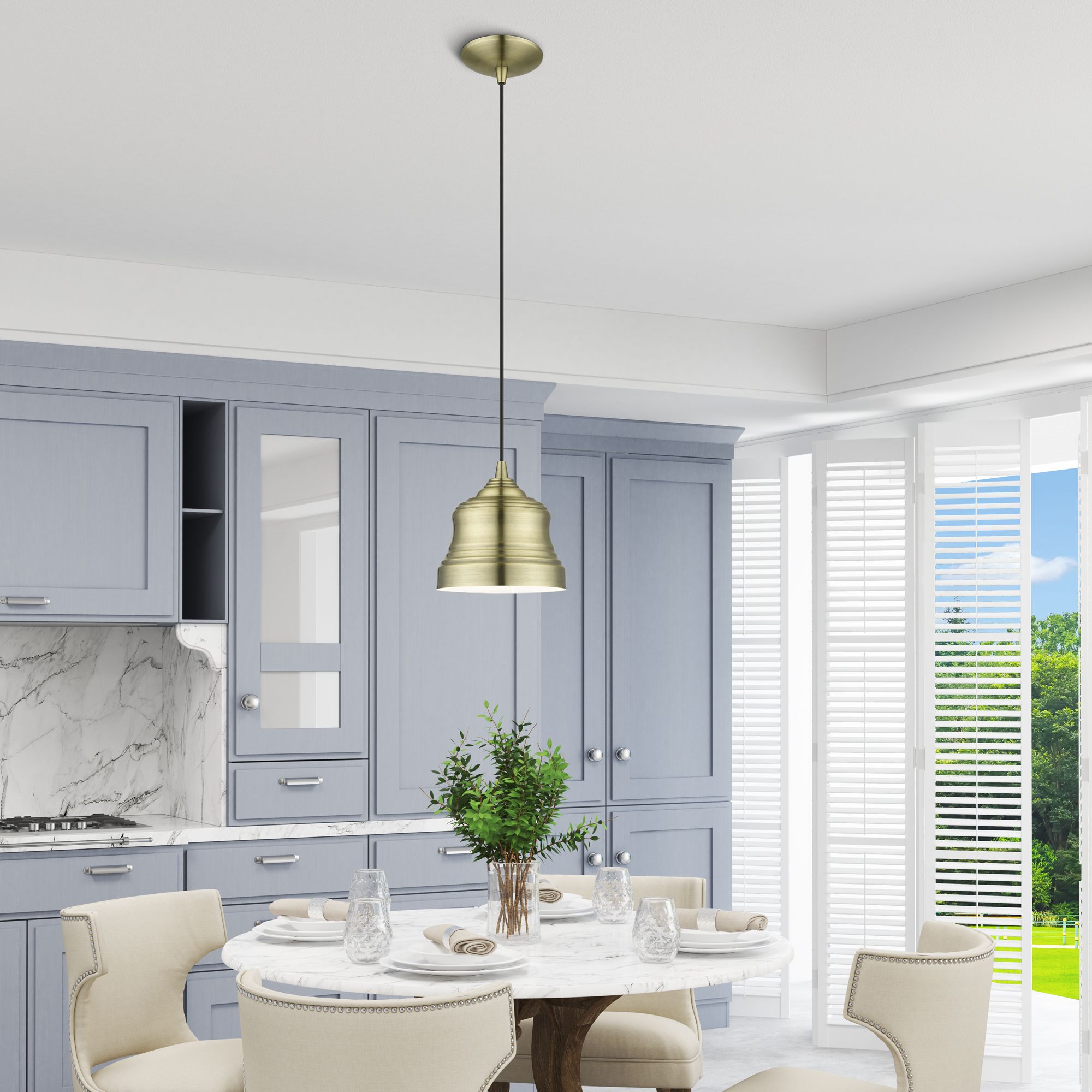 1 Light Antique Brass Mini Bell Pendant with Shiny White Finish Inside