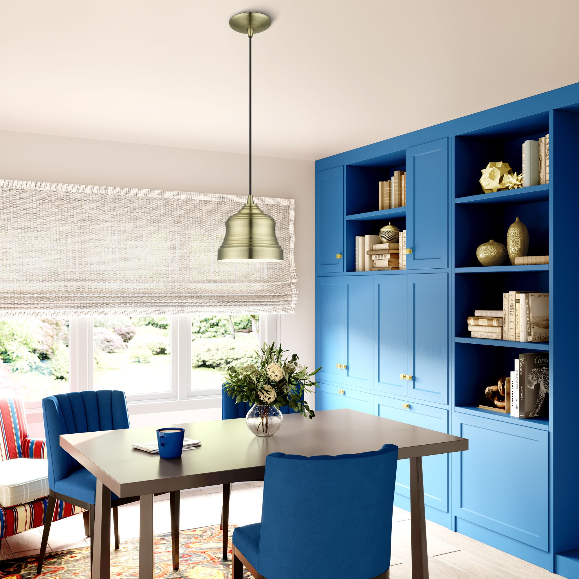 1 Light Antique Brass Mini Bell Pendant with Shiny White Finish Inside