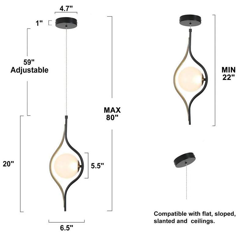 Image 2 1-light Black and Brass Ball LED Pendant Lamp with Frosted Glass more views