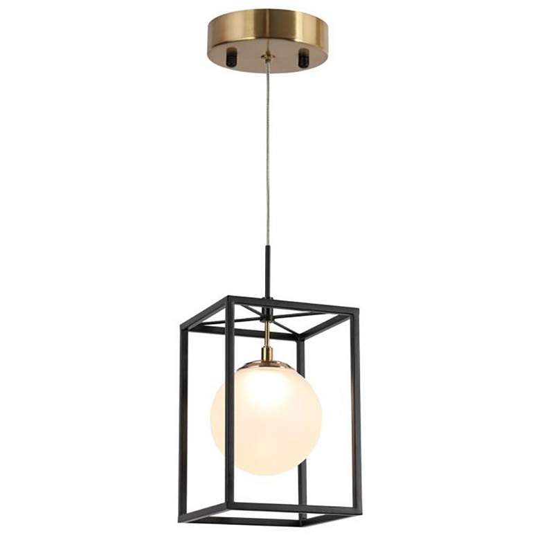 Image 1 1-light Black and Plating Brass Cage LED Pendant Lamp with Frosted Glass