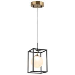1-light Black and Plating Brass Cage LED Pendant Lamp with Frosted Glass