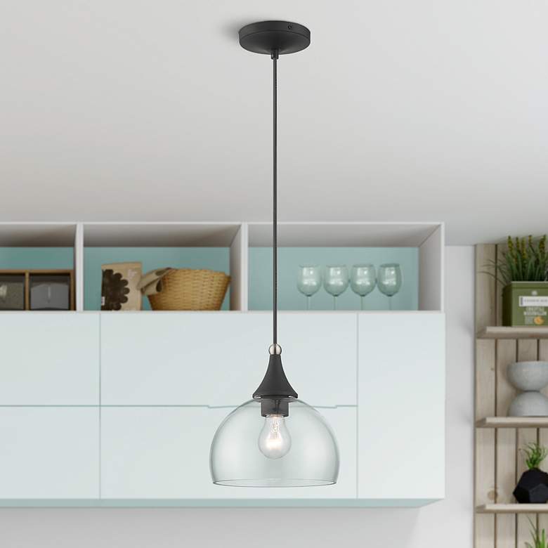 Image 1 1 Light Black Glass Pendant with Brushed Nickel Finish Accents